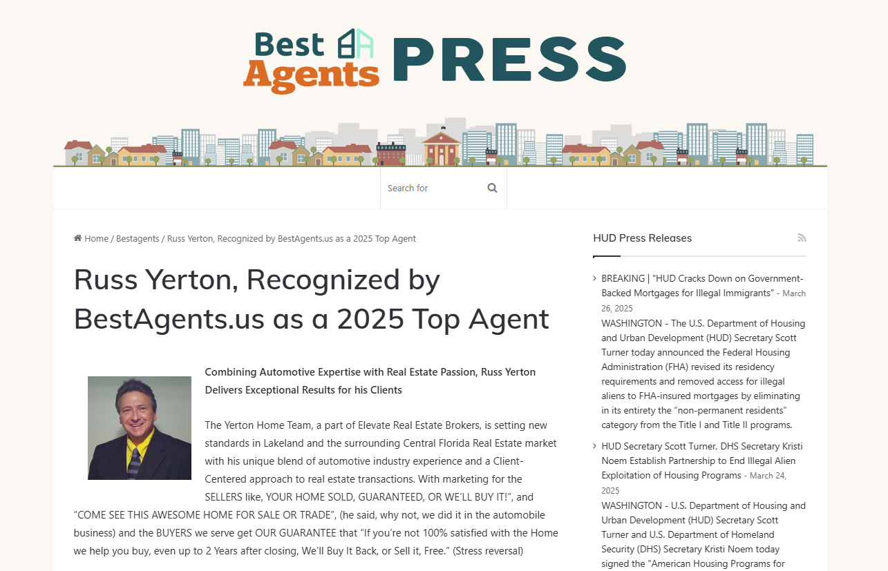Russ Yerton, Recognized by BestAgents.us as a 2025 Top Agent